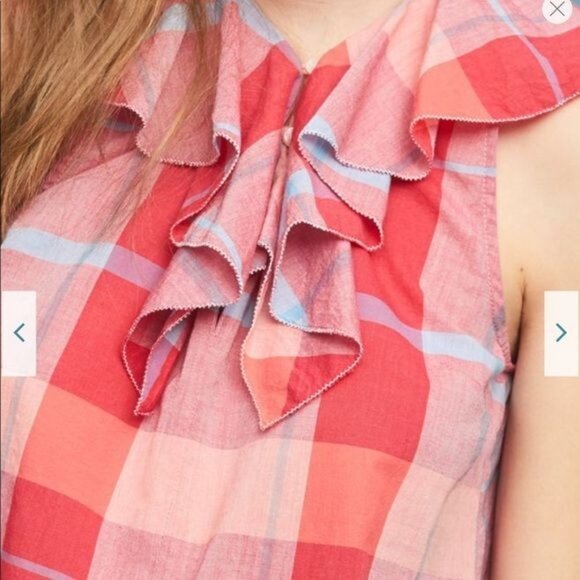 Anthropologie Isabella Sinclair Ruffled Top Shirt Sz M Pink Checkered Sleeveless - Picture 5 of 7